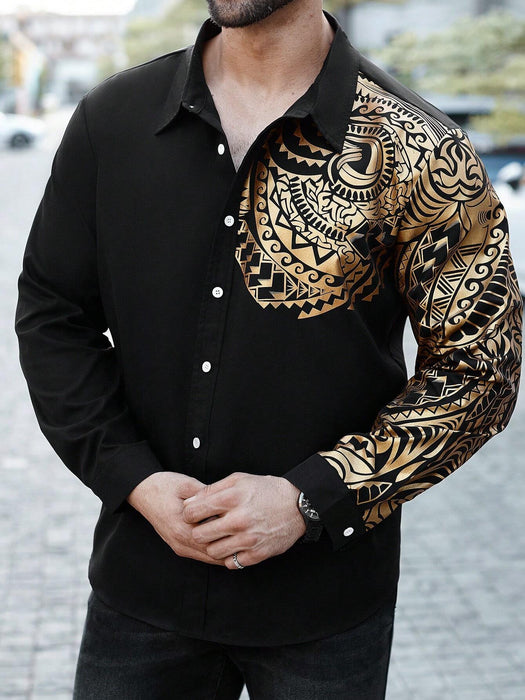 Camisa casual de manga larga estampada para hombre con cierre de botones frontales