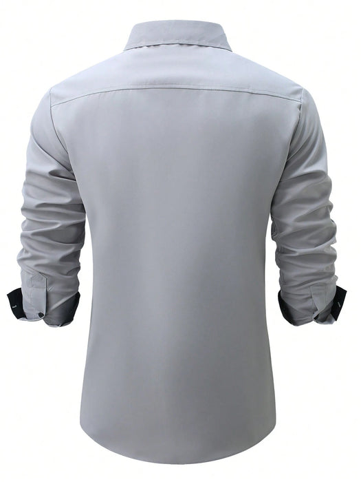 SHEIN Camisa formal informal de manga larga con bloques de color y patchwork para hombre