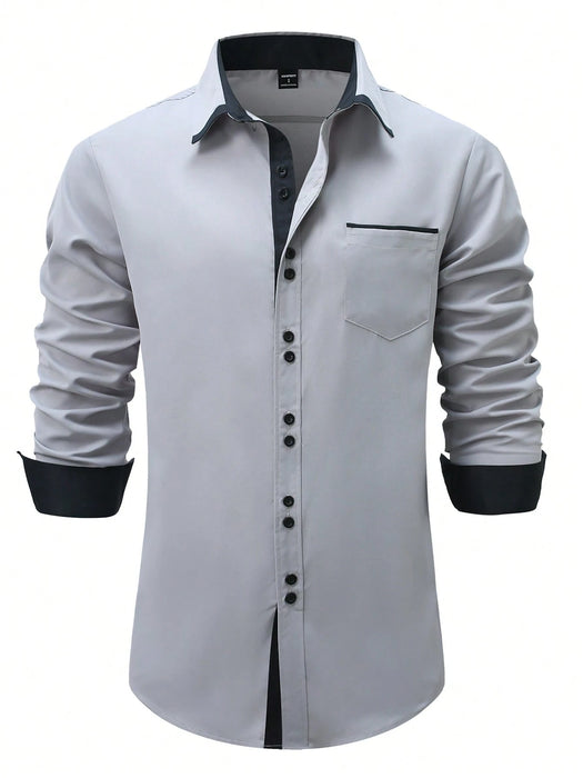 SHEIN Camisa formal informal de manga larga con bloques de color y patchwork para hombre