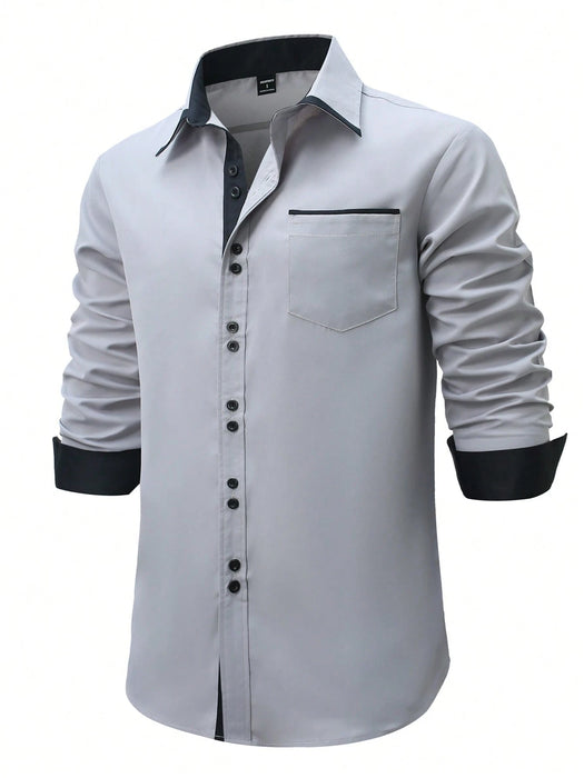 SHEIN Camisa formal informal de manga larga con bloques de color y patchwork para hombre
