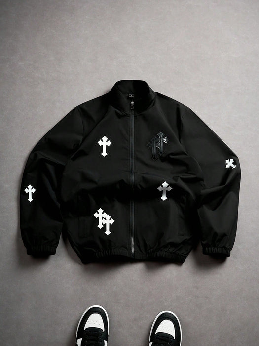 Manfinity Chaqueta de manga larga para hombre blanco y negro, estampado de cruz
