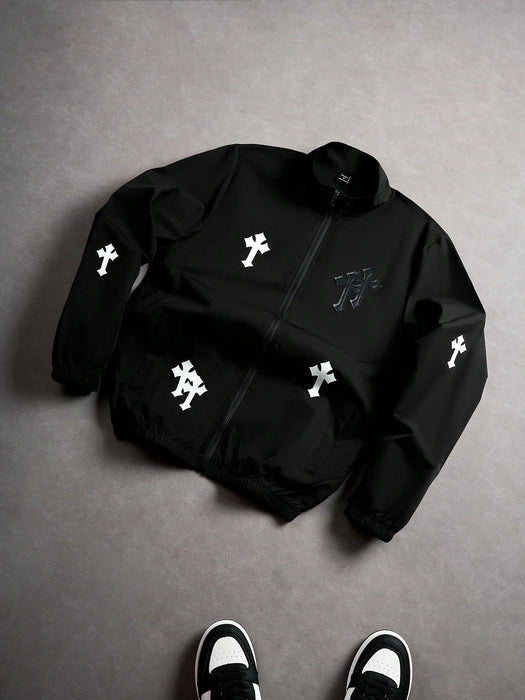Manfinity Chaqueta de manga larga para hombre blanco y negro, estampado de cruz