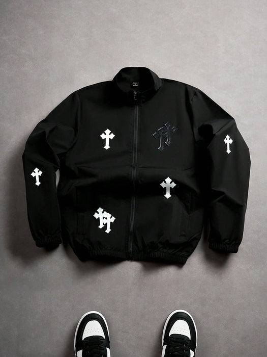 Manfinity Chaqueta de manga larga para hombre blanco y negro, estampado de cruz