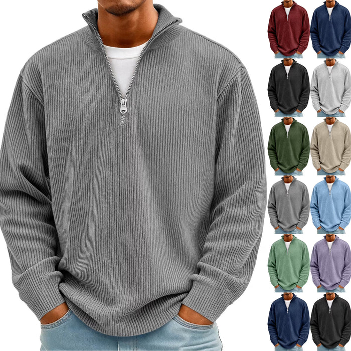 Suéteres polo de punto acanalado  de manga larga con cuello alto y cremallera para hombre