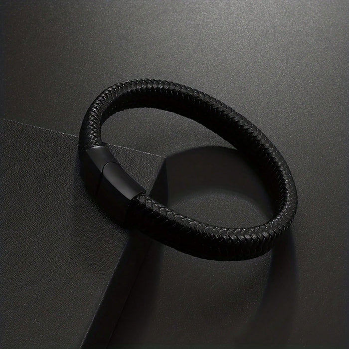1 pulsera elegante de acero inoxidable y cuero sintético PU para hombre