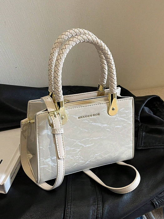 SHEIN Mini bolso de mano elegante de piel sintética con asa tejida para mujer.