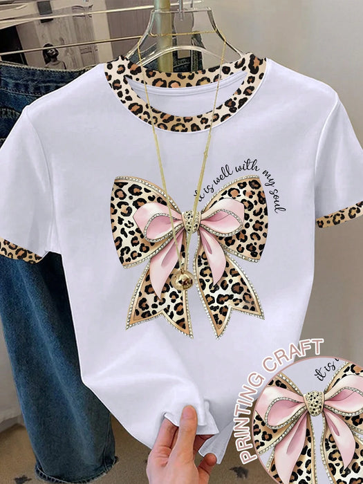 Shein NostaNoir Camiseta de cuello redondo con estampado de leopardo y detalle de lazo para mujer