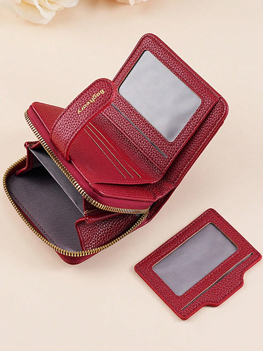 Cartera mini de mujer de unicolor con textura de litchi, con cierre a presión