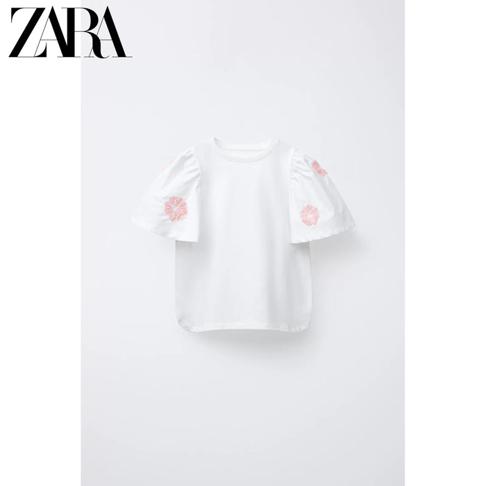ZARA Camisa de manga corta con patchwork y bordado floral para niñas