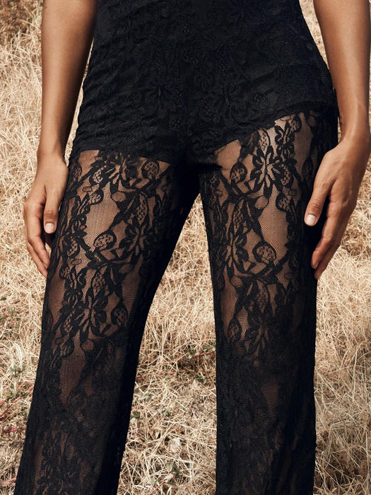SHEIN Opulessa Pantalón elegantes de cintura alta con volantes de encaje para mujer