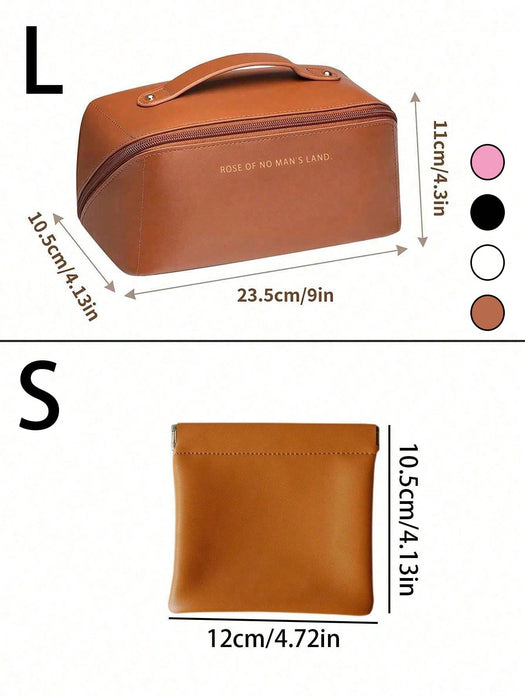 Shein Neceser impermeable de piel sintética para maquillaje de doble capa de gran capacidad