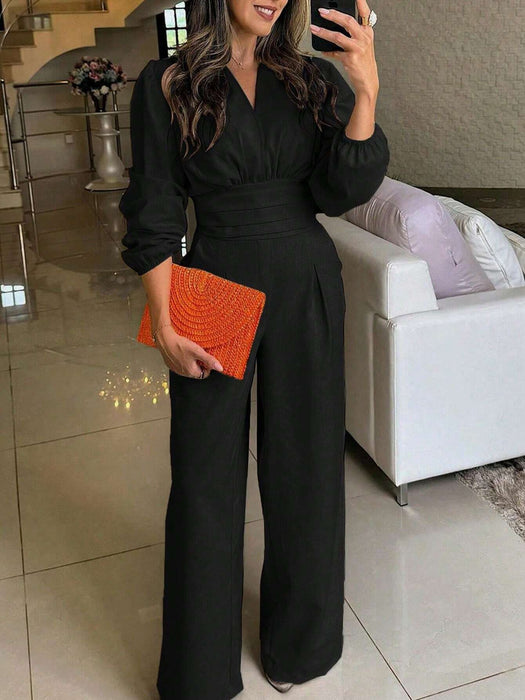 SHEIN Mono de manga larga plisado con cuello en V para mujer de Pariaura