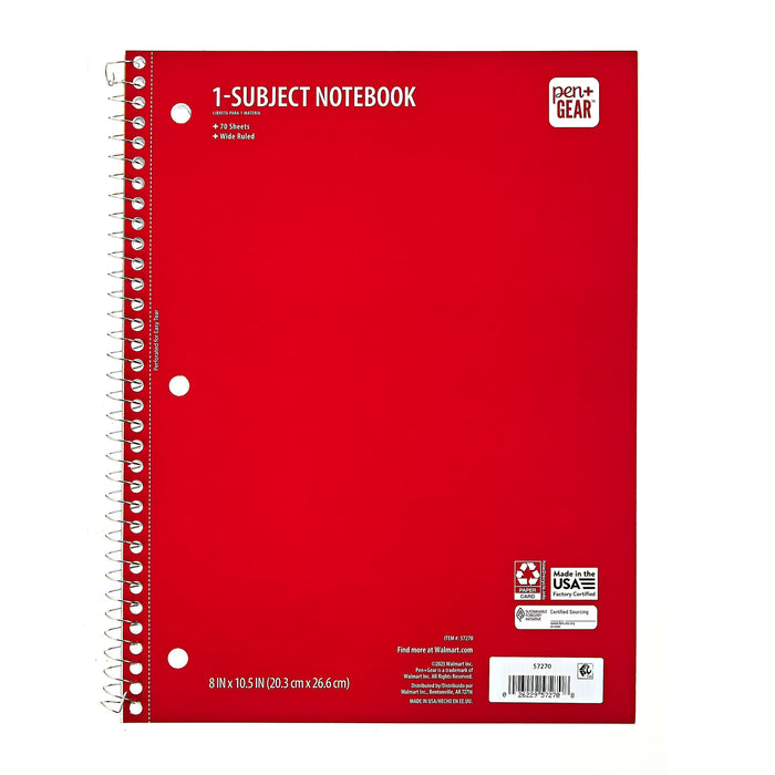 Cuaderno Pen+Gear de una sola materia, con renglones universitarios, 8" x 10.5", rojo, 70 hojas