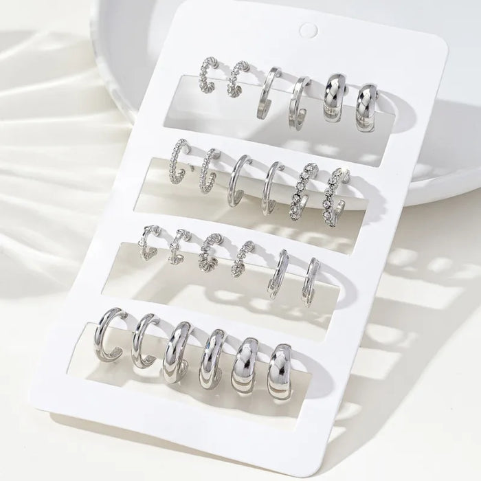 Set de 11 Pendientes De Aro Retro En Forma De C De Aleación De Zinc En Color Plata Con Diamantes De Imitación