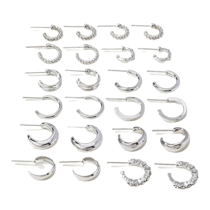 Set de 11 Pendientes De Aro Retro En Forma De C De Aleación De Zinc En Color Plata Con Diamantes De Imitación
