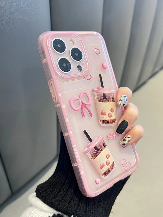 SHEIN Funda transparente para teléfono con estampado de té con leche rosa para iPhone 11 Pro Max.