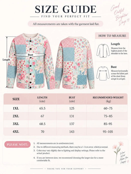 SHEIN Cárdigan de punto para mujer con estampado floral y patchwork, cuello redondo y botones delanteros