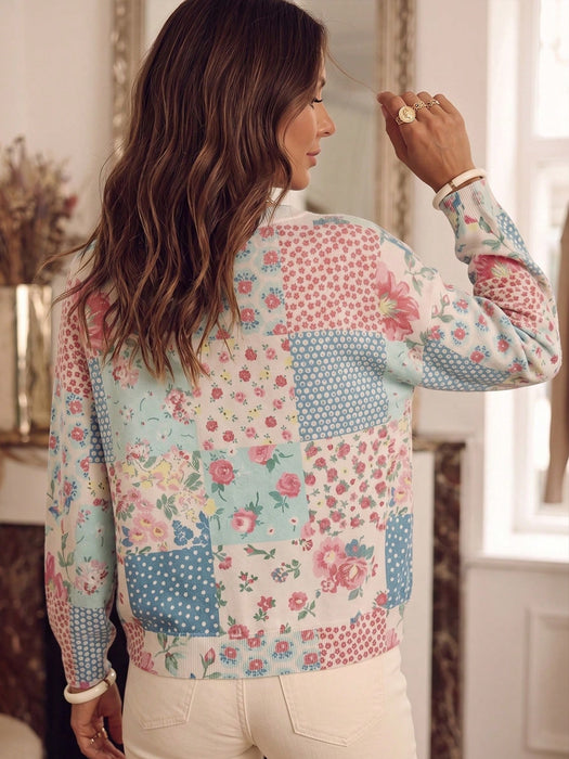 SHEIN Cárdigan de punto para mujer con estampado floral y patchwork, cuello redondo y botones delanteros