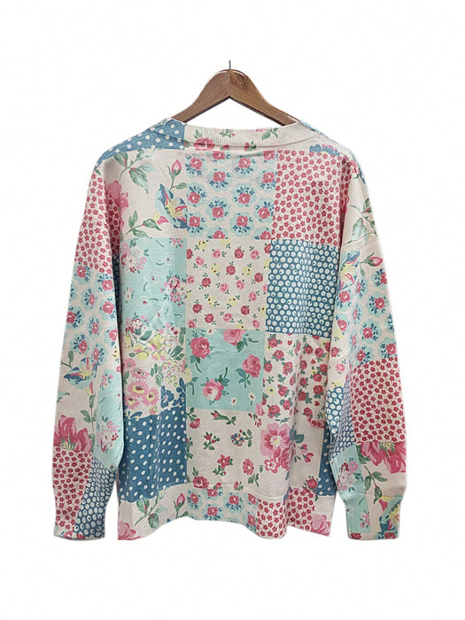 SHEIN Cárdigan de punto para mujer con estampado floral y patchwork, cuello redondo y botones delanteros