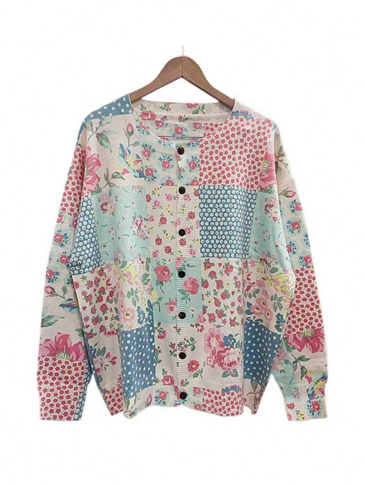 SHEIN Cárdigan de punto para mujer con estampado floral y patchwork, cuello redondo y botones delanteros