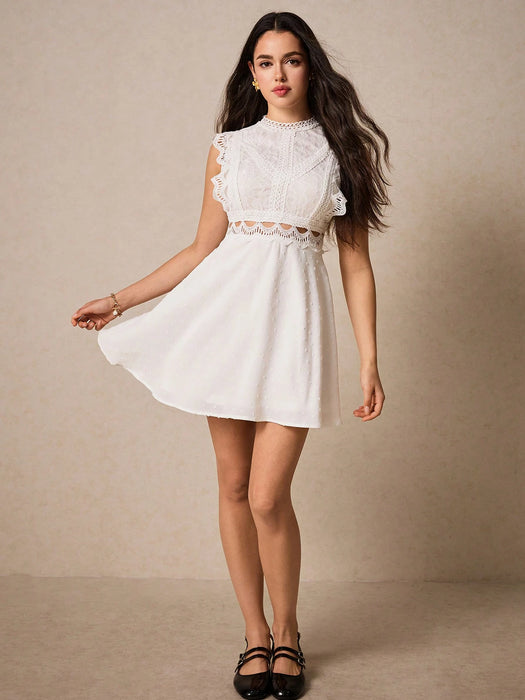SHEIN Poéselle Vestido de encaje para mujer sin mangas, con cuello alto de encaje