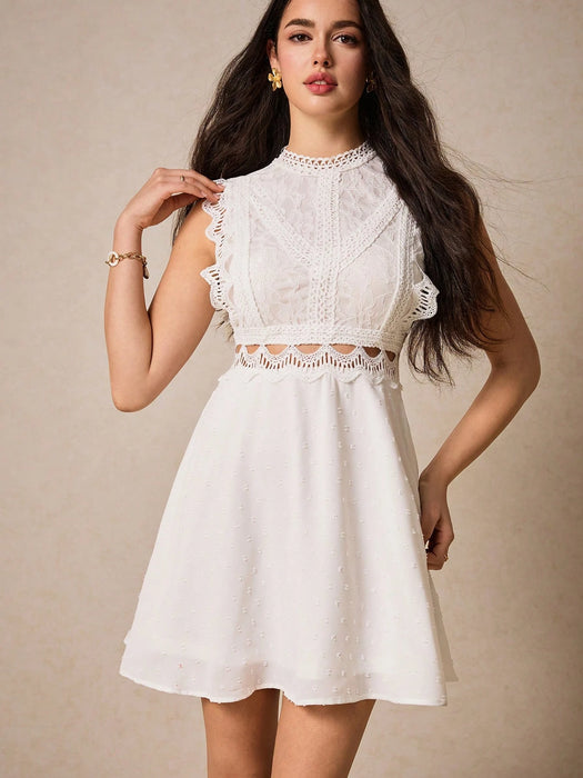 SHEIN Poéselle Vestido de encaje para mujer sin mangas, con cuello alto de encaje