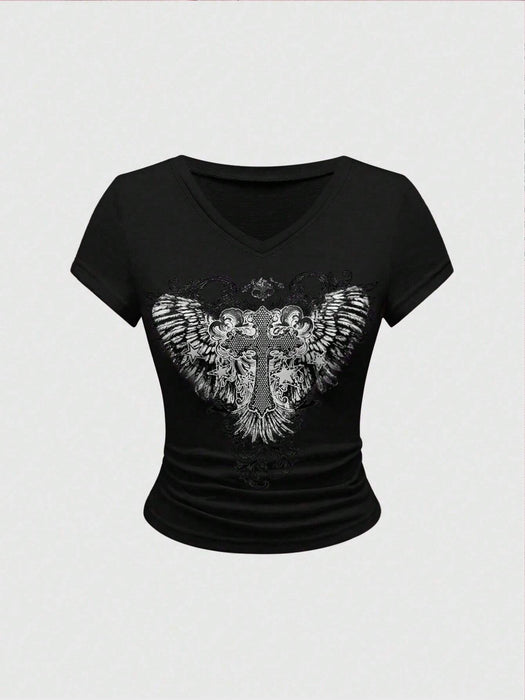SHEIN ROMWE Fairycore Camiseta de manga corta con cuello redondo y estampado