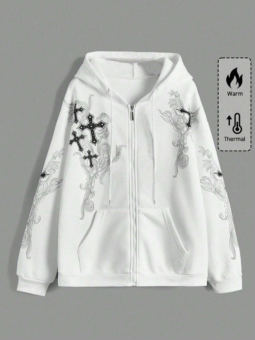 SHEIN ROMWE Sudadera con capucha térmica de manga larga con cremallera y estampado de cruz
