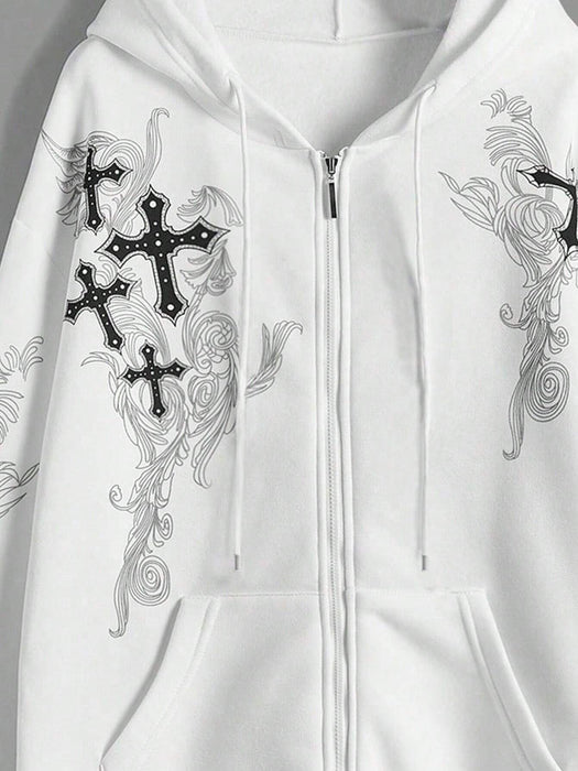 SHEIN ROMWE Sudadera con capucha térmica de manga larga con cremallera y estampado de cruz