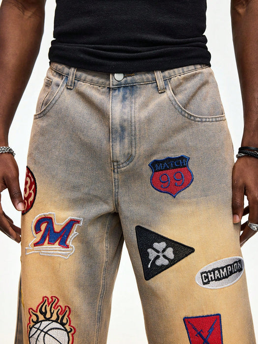 ROMWE MEN Street Life Jeans anchos y sueltos con bolsillo con parche bordado de letras para hombres
