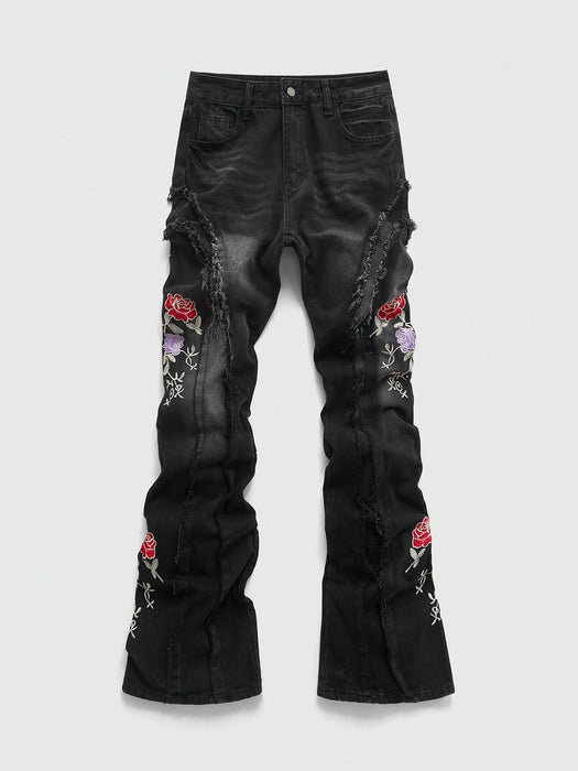 ROMWE MEN Street Life pantalón Casual Gráfico de Hombre25 Bordado Floral Patchwork Jeans Capas