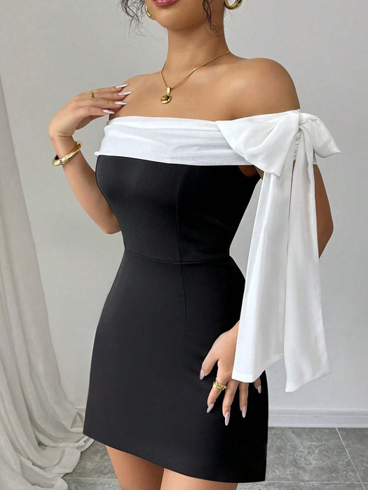Shein Rafferiza Vestido ajustado de verano modesto con detalle de lazo en color contrastante