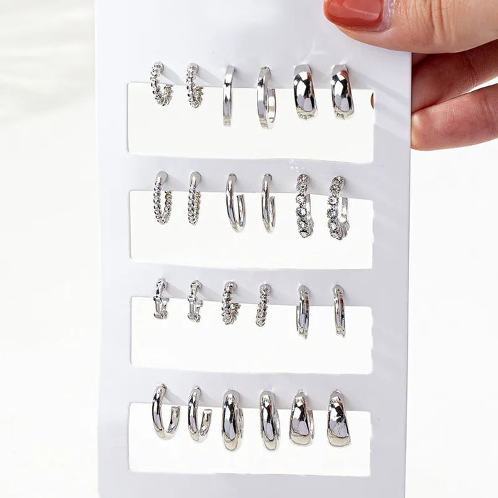 Set de 11 Pendientes De Aro Retro En Forma De C De Aleación De Zinc En Color Plata Con Diamantes De Imitación