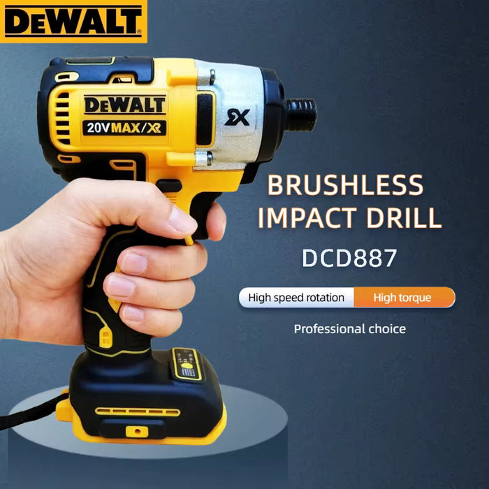 Atornillador de impacto eléctrico Dewalt DCD887 con motor sin escobillas y velocidad de taladro.