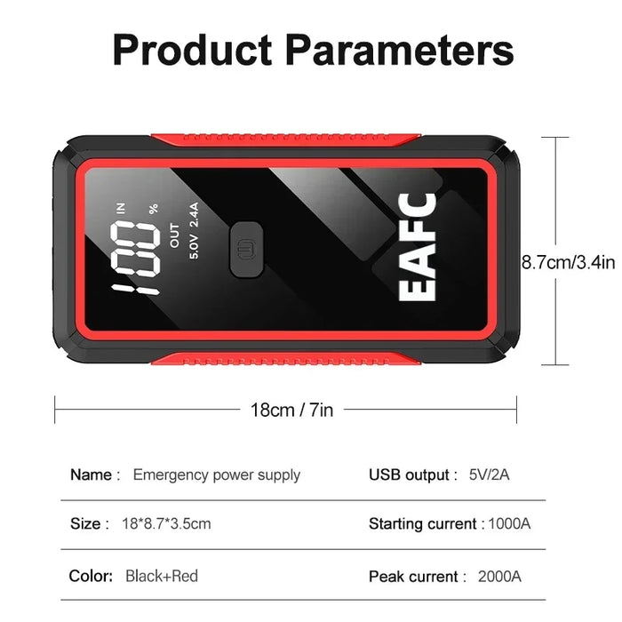 Arrancador de Coche 2000A 12V, Power Bank Portátil Con Pantalla LCD y Linterna LED