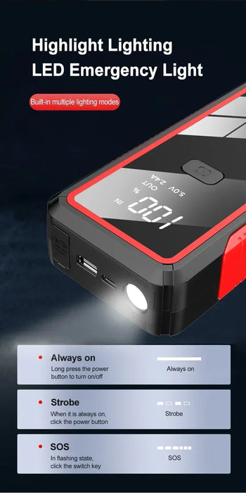 Arrancador de Coche 2000A 12V, Power Bank Portátil Con Pantalla LCD y Linterna LED