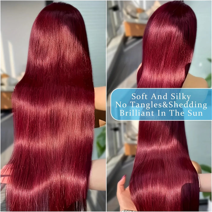 Pelucas de cabello sintetico con encaje frontal 13x4 transparente color borgoña de 26 pulgadas