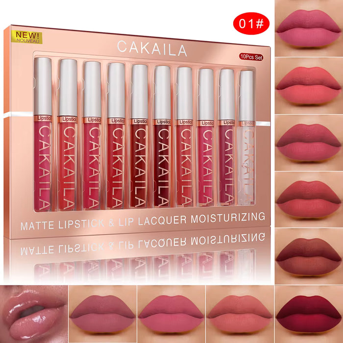 CAKAILA set de 10pcs Lápiz labial con acabado mate intenso Brillo labial Color ligero