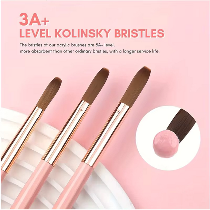 3 pinceles de uñas acrílicas con mango rosa