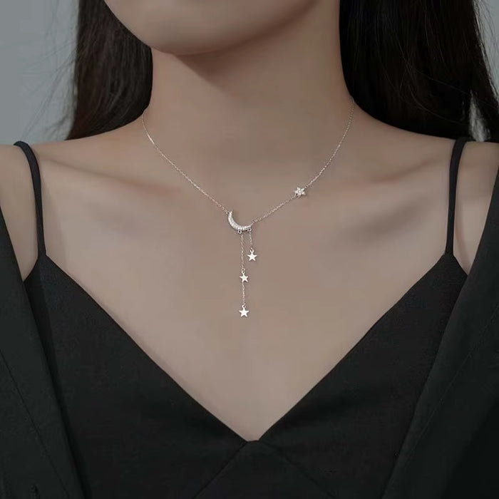 Shein Collar con borlas de Luna y estrella de Color plateado para mujer, cadena de clavícula de cristal exquisita