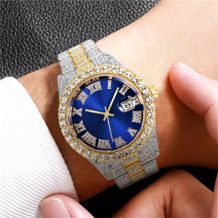 Reloj de lujo para hombre, reloj clásico dorado con correa de acero y diamantes de imitación romanos