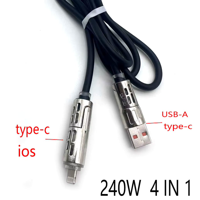Cable de datos 4 en 1 de 240W con carga súper rápida de silicona líquida y aleación de aluminio