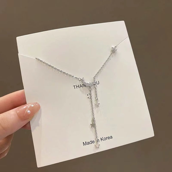 Shein Collar con borlas de Luna y estrella de Color plateado para mujer, cadena de clavícula de cristal exquisita