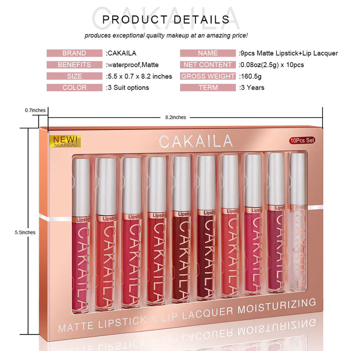 CAKAILA set de 10pcs Lápiz labial con acabado mate intenso Brillo labial Color ligero