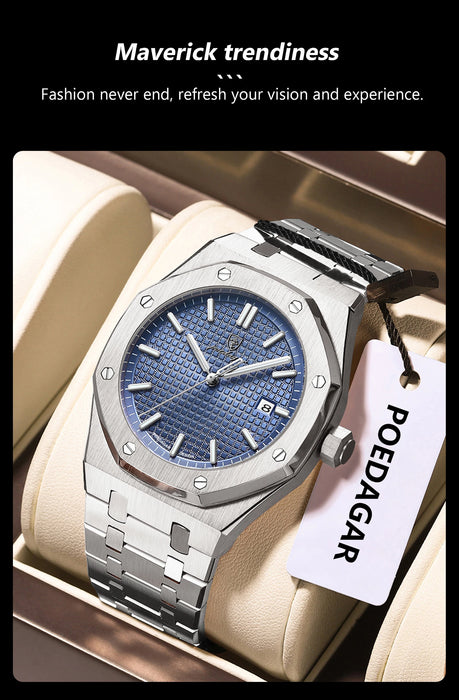 POEDAGAR reloj de lujo para hombre de pulsera luminoso de acero inoxidable para hombre