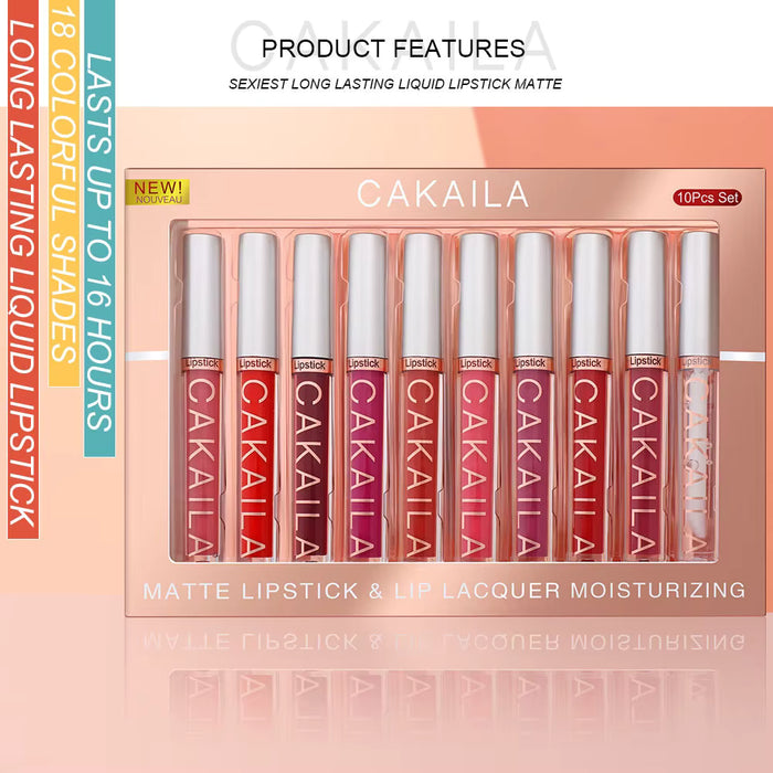 CAKAILA set de 10pcs Lápiz labial con acabado mate intenso Brillo labial Color ligero