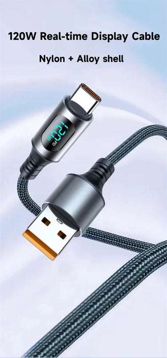 Cable de carga súper rápida NNBILI de 120 W tipo C con pantalla digital LED