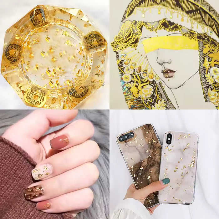 Shein Papel de aluminio con hojuelas adhesivas irregulares de color oro(3/5 g), purpurina para uñas y resina epoxi