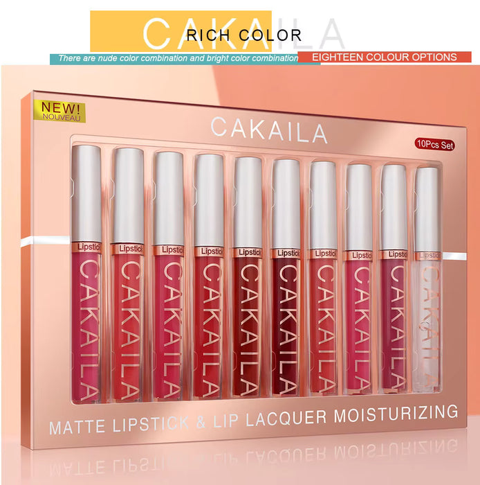 CAKAILA set de 10pcs Lápiz labial con acabado mate intenso Brillo labial Color ligero