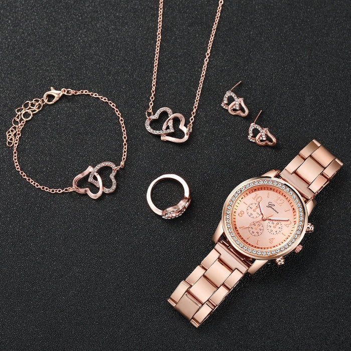 Conjunto de 6 piezas de joyería de mujer con diamantes de imitación de acero inoxidable
